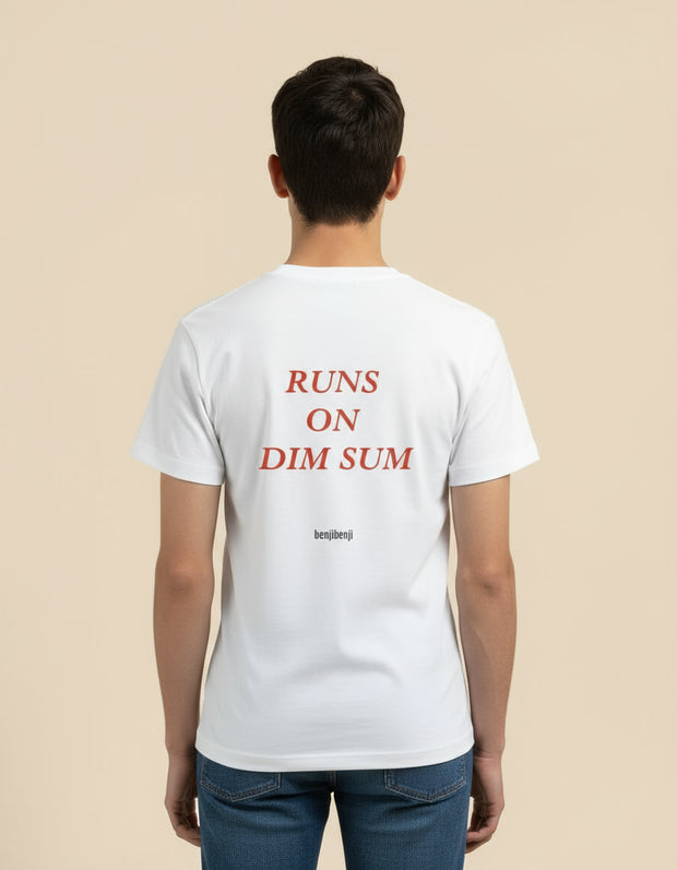 Runs on dim sum t-shirt - male model back view